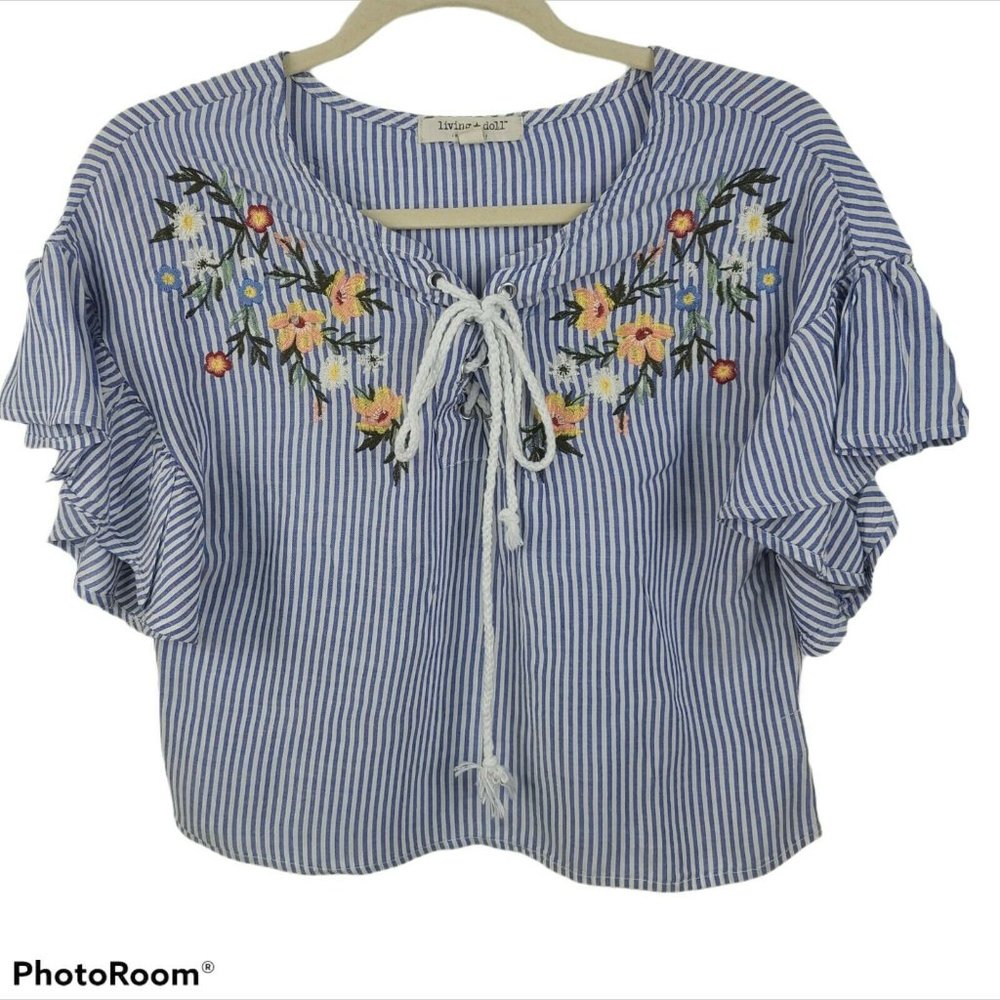 NWOT Living Doll Blue/White Stripe Embroidered S